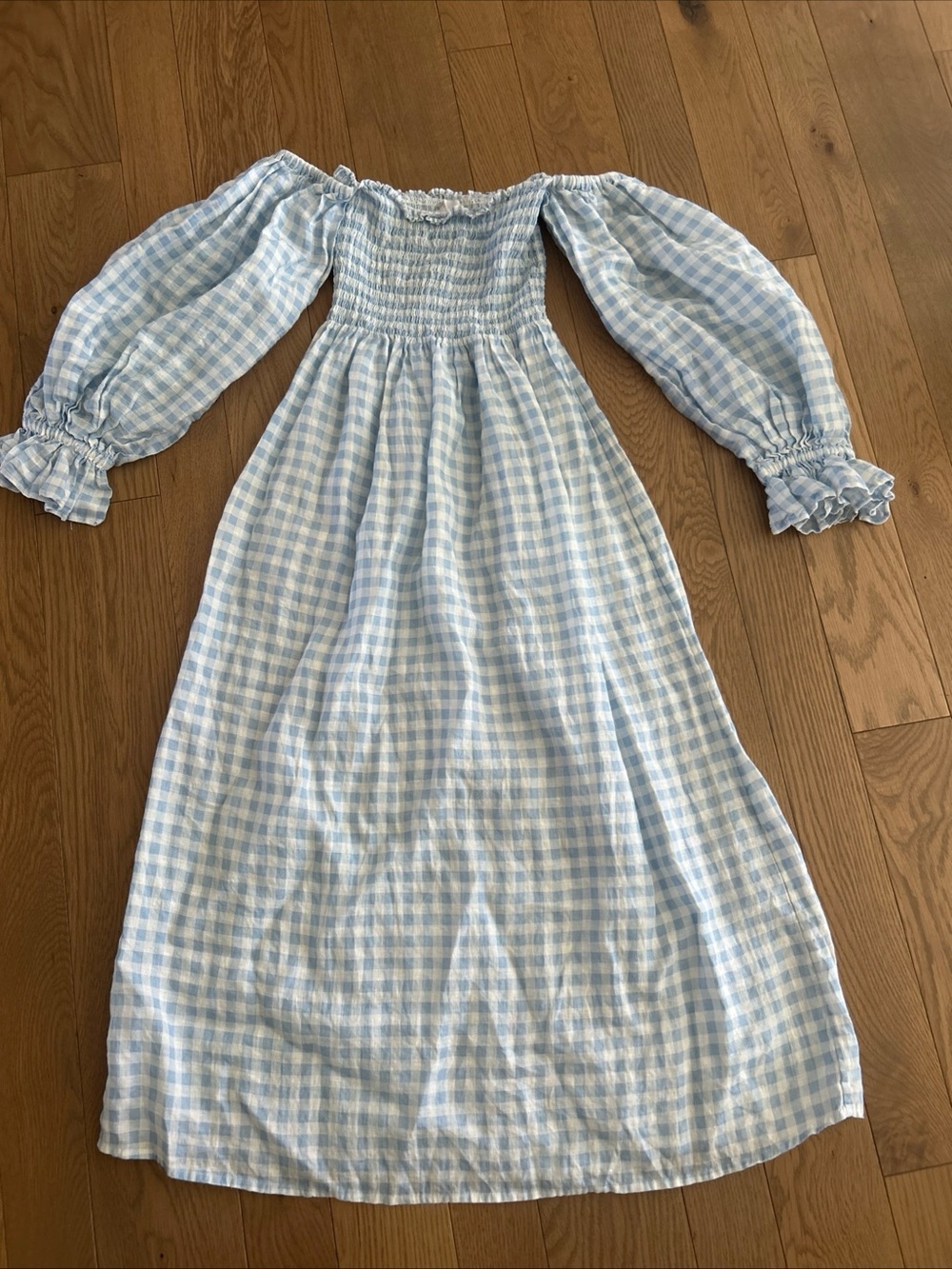 $398 SLEEPER size M Atlanta Off Shoulder Linen Midi Dress Blue Gingham - Picture 4 of 6